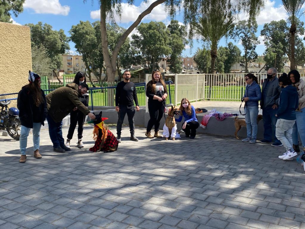משתתפים מציגים כלבים מחופשים במסגרת פעילות קהילתית באוויר הפתוח.